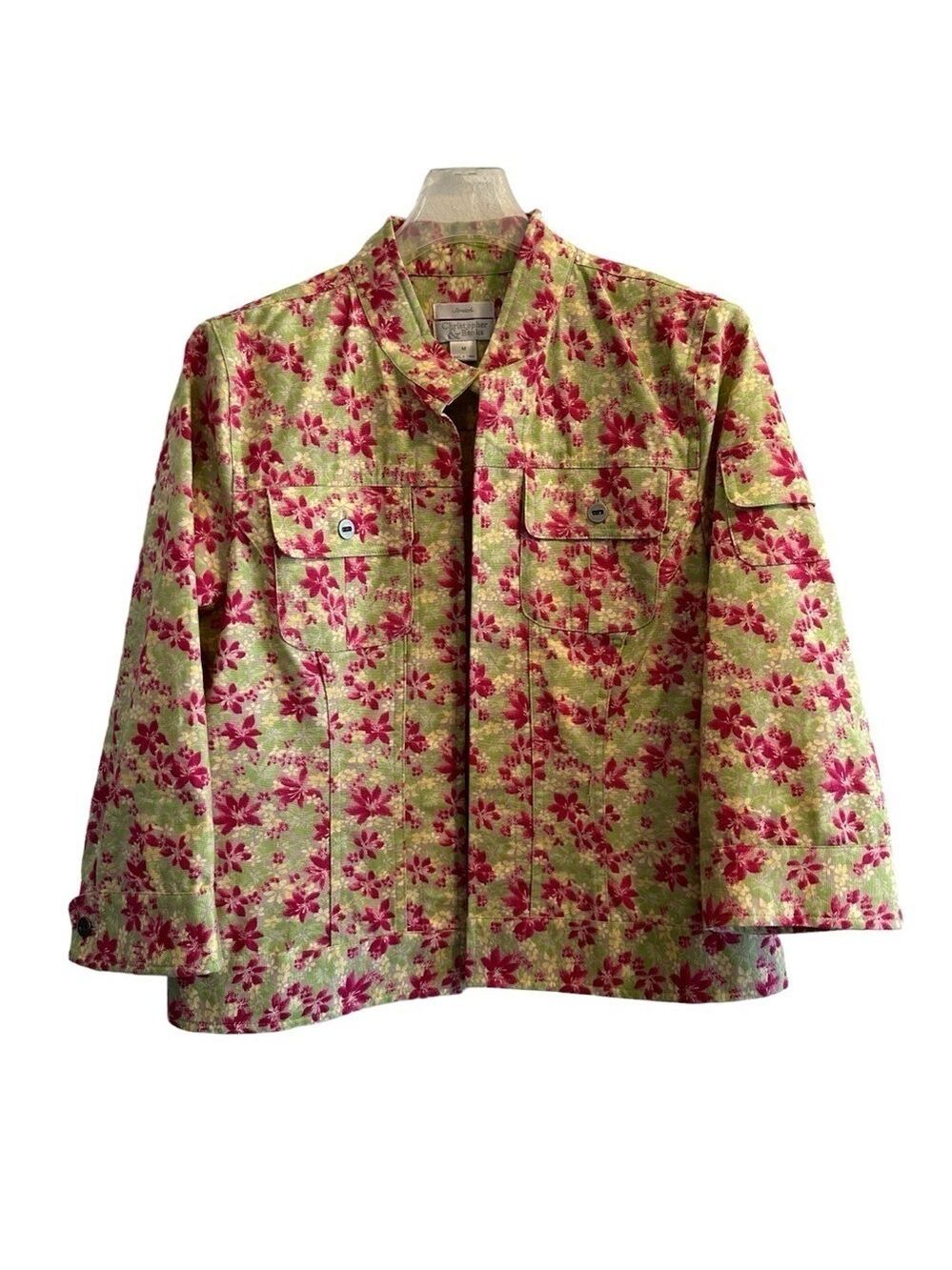 Christopher Banks Stretch Floral OPEN Jacket Blazer Womens Medium Green Pockets